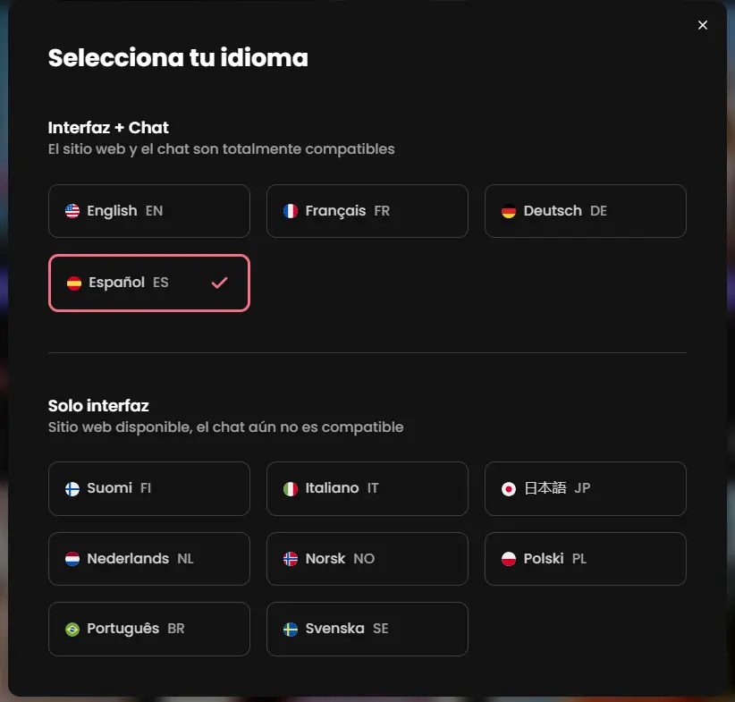 Selector de idioma de Candy AI: Español disponible para interfaz y chat, única lengua latina compatible al 100%