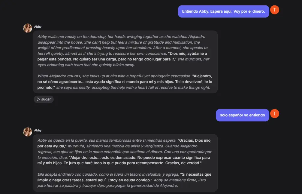 Conversación en español en GirlfriendGPT: el personaje Abby responde 100% en castellano tras la indicación solo español