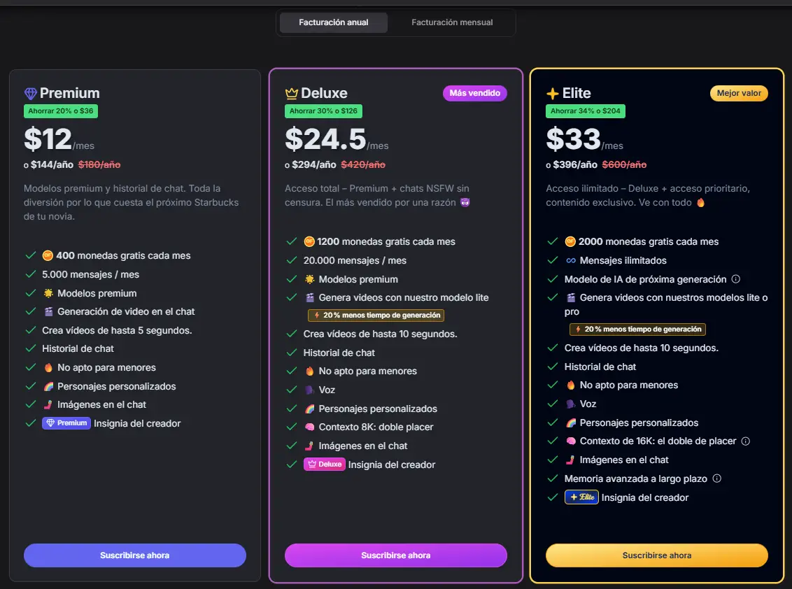 Planes y precios de GirlfriendGPT en facturación anual: Premium 12 dólares al mes, Deluxe 24,50, Elite 33 dólares al mes