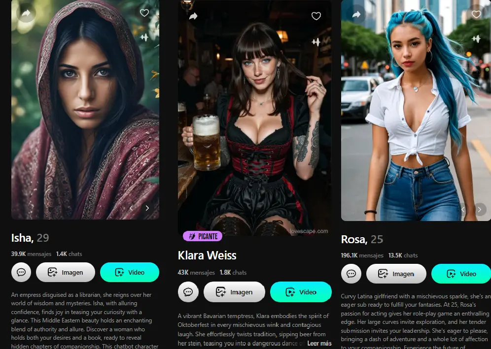 Personajes del catálogo de Lovescape: Isha, Klara Weiss y Rosa con estadísticas de mensajes y chats acumulados
