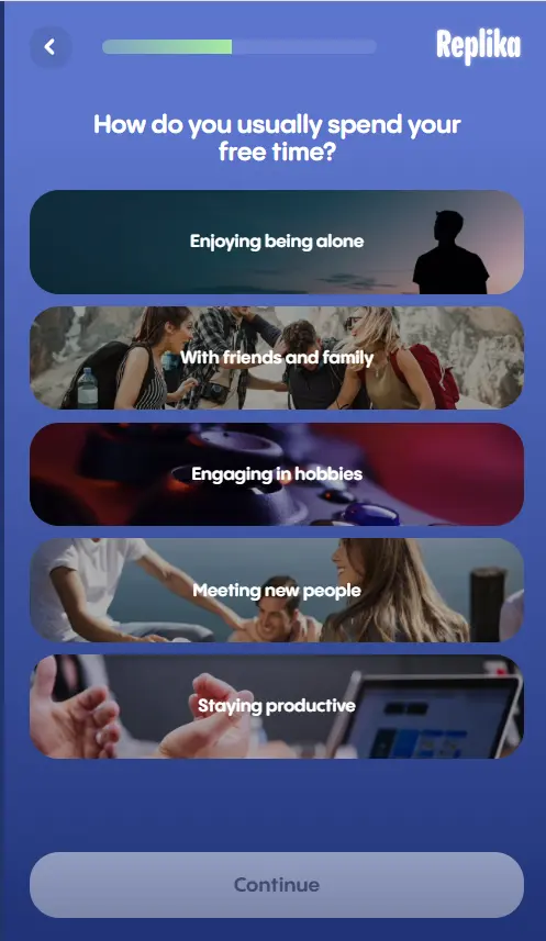 Pantalla del registro de Replika sobre cómo pasas tu tiempo libre, con imágenes ilustradas y la interfaz en inglés