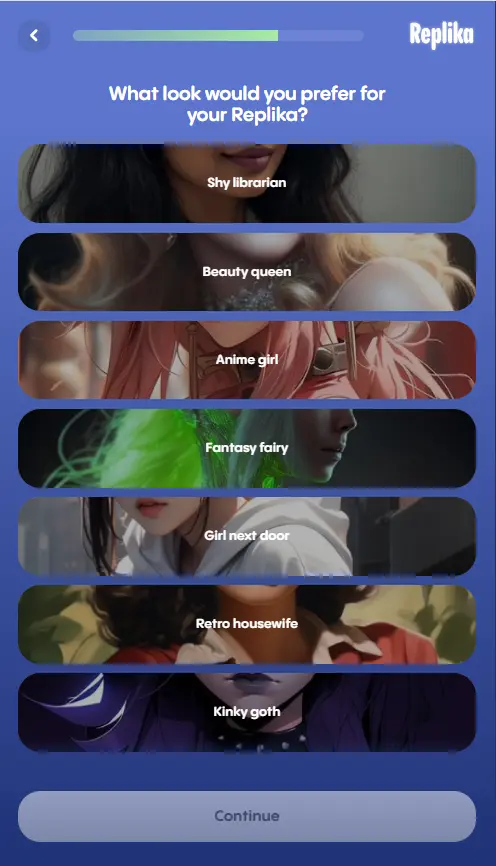 Selección de aspecto en Replika con presets como bibliotecaria tímida, chica anime, vecina de al lado o gótica, todo en inglés