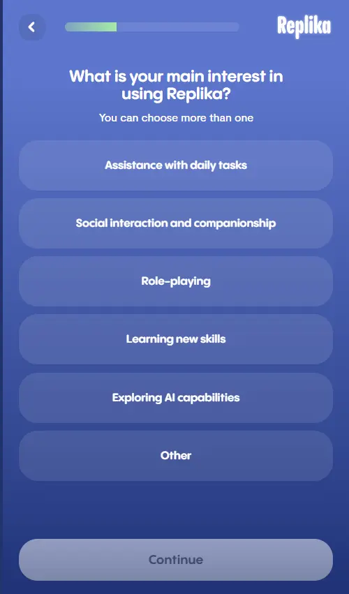 Pantalla de registro de Replika preguntando el interés principal de uso, con la interfaz en inglés y la opción de juego de rol