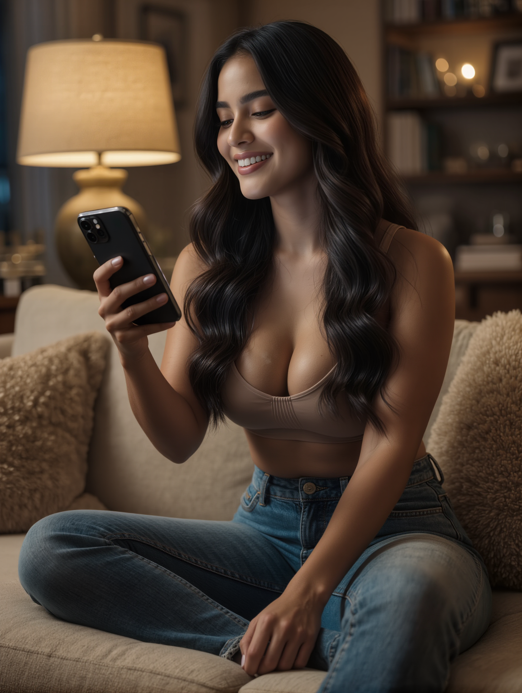 Chica joven usando una app de IA sin censura desde el sofá de su casa