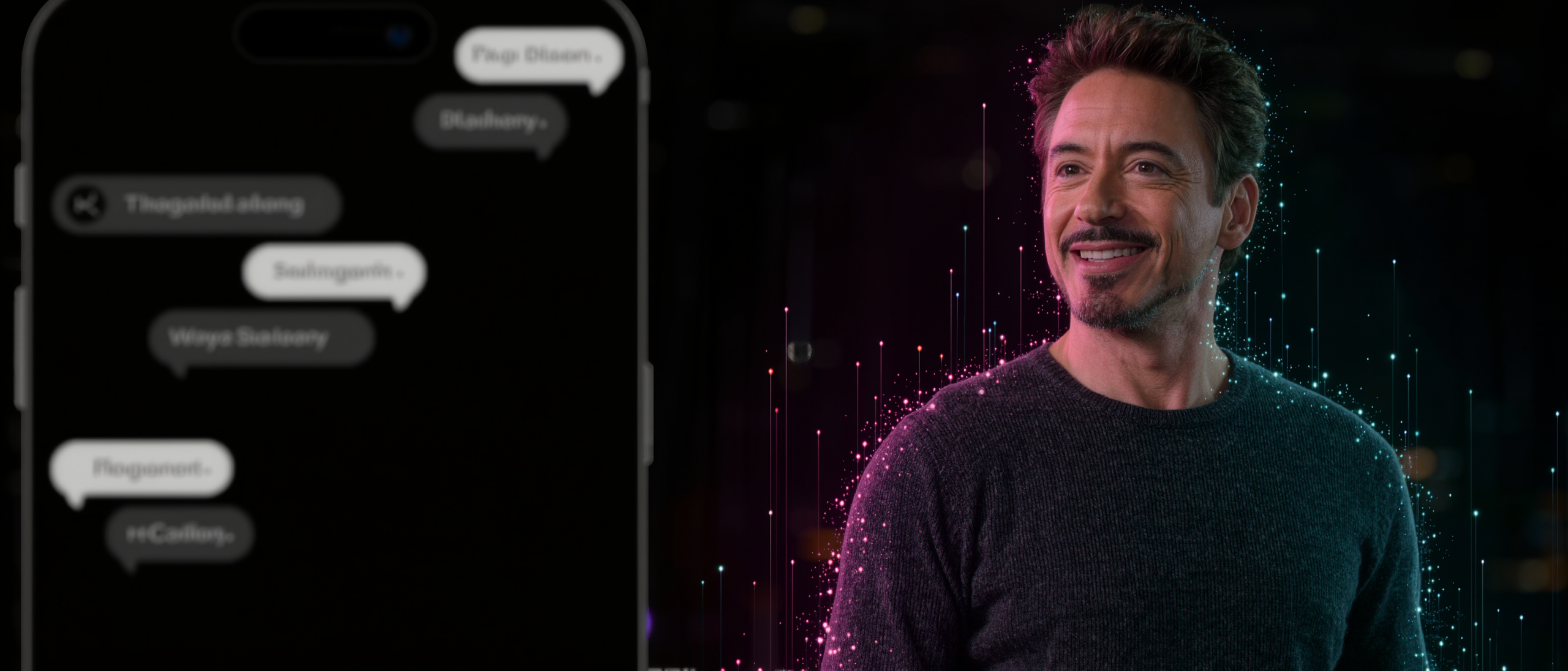 Novio virtual con IA representado como un holograma junto a una interfaz de chat en un móvil