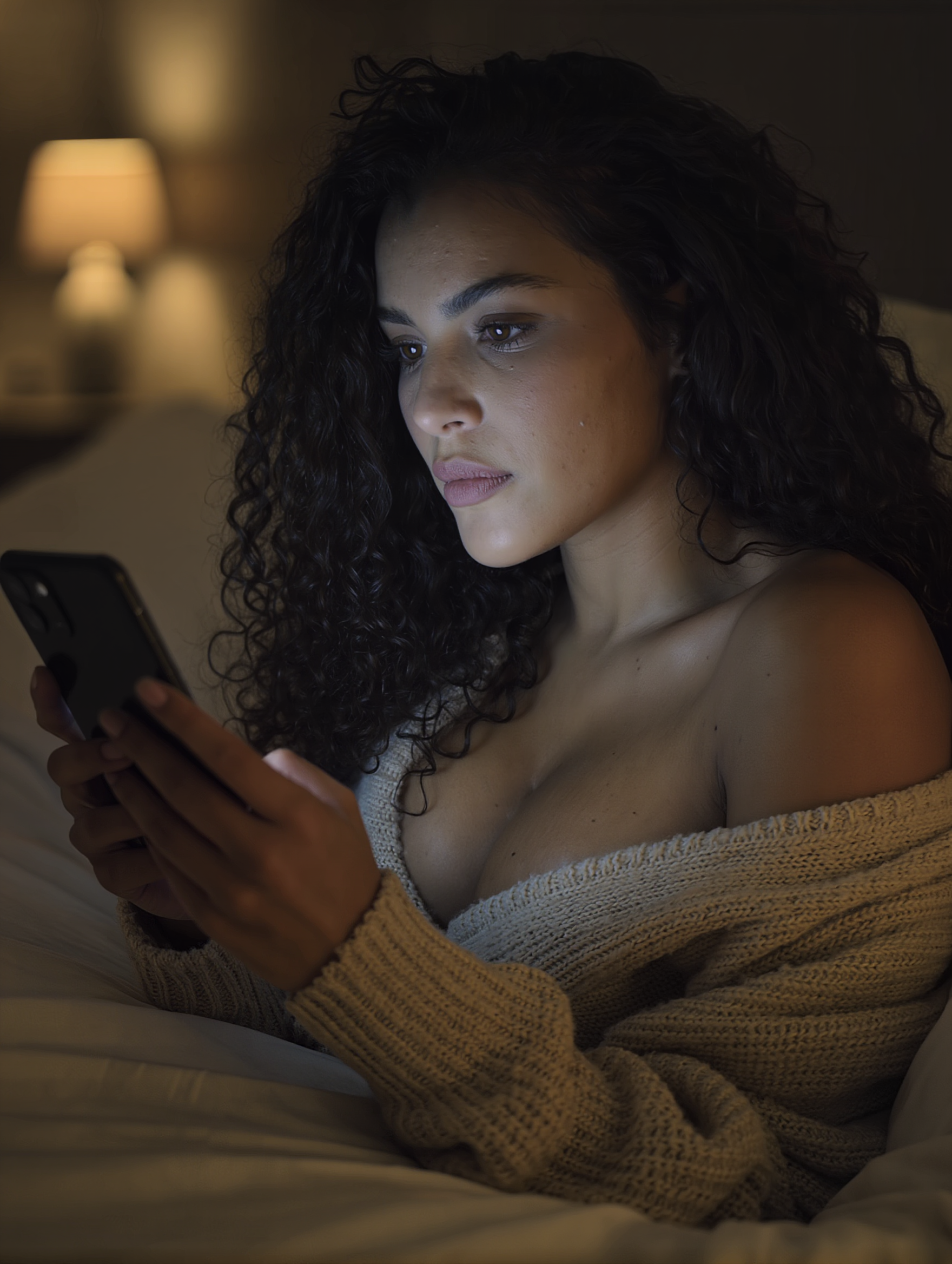 Mujer mirando su móvil de noche al encontrar la censura de PolyBuzz en mitad del chat