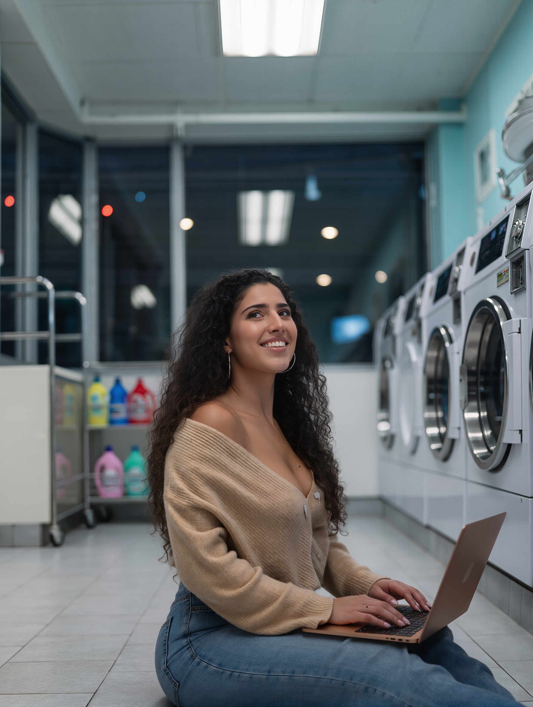 Mujer joven revisando imagenes generadas por una IA sin restricciones en su portatil